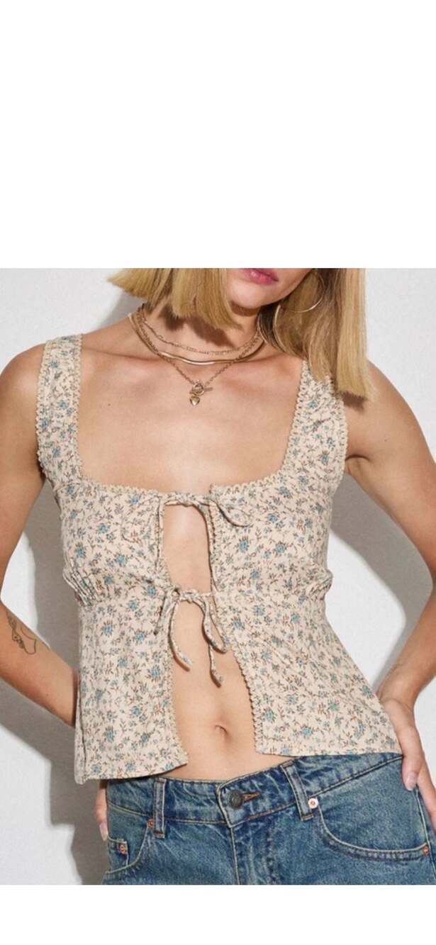 Motel Esau Tie-Front Floral Tank Top Ivory Ditsy Sz M boho coastal